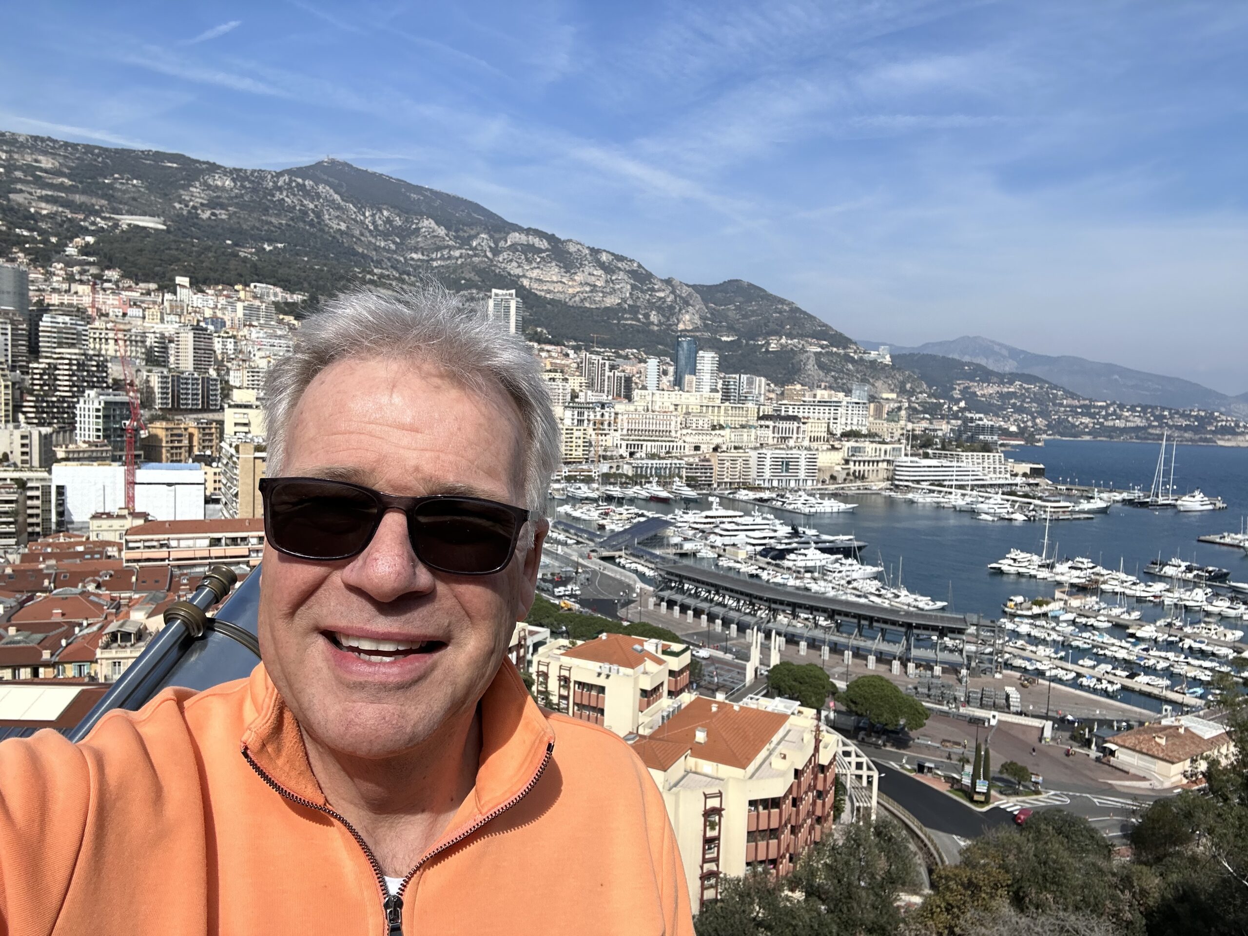 John Mayfield, with the background of the French Riviera