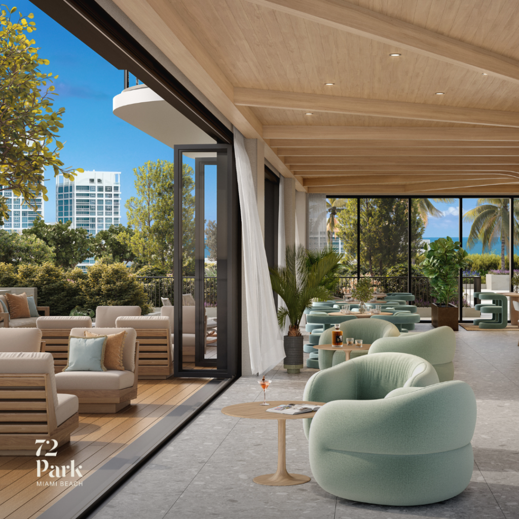 An architectural rendering of a luxury rooftop lounge at 72 Park. The space features a light wood-slatted ceiling, stone flooring, and stylish mint-green armchairs. Large glass doors fold open to a spacious wooden deck with outdoor sofas, surrounded by lush tropical landscaping and views of nearby high-rise buildings under a clear blue sky.