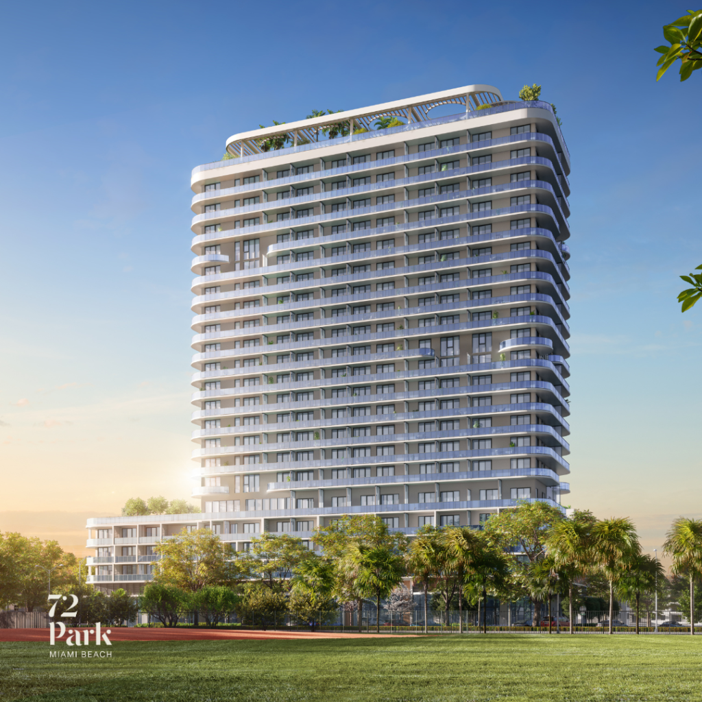 An aerial architectural rendering of 72 Park, a tall, modern white luxury condominium tower in Miami Beach. The building features wrap-around glass balconies and a lushly landscaped amenity deck.